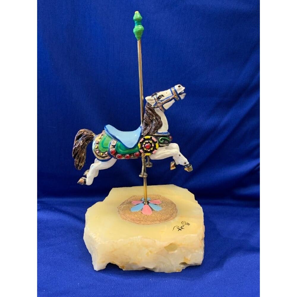 Ron Lee Pink and Blue Peddle Marble Base Carousel Horse 1981 Signed